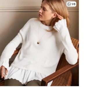 Boden Cream Ribbed Crewneck Sweater with Ruffle Trim
